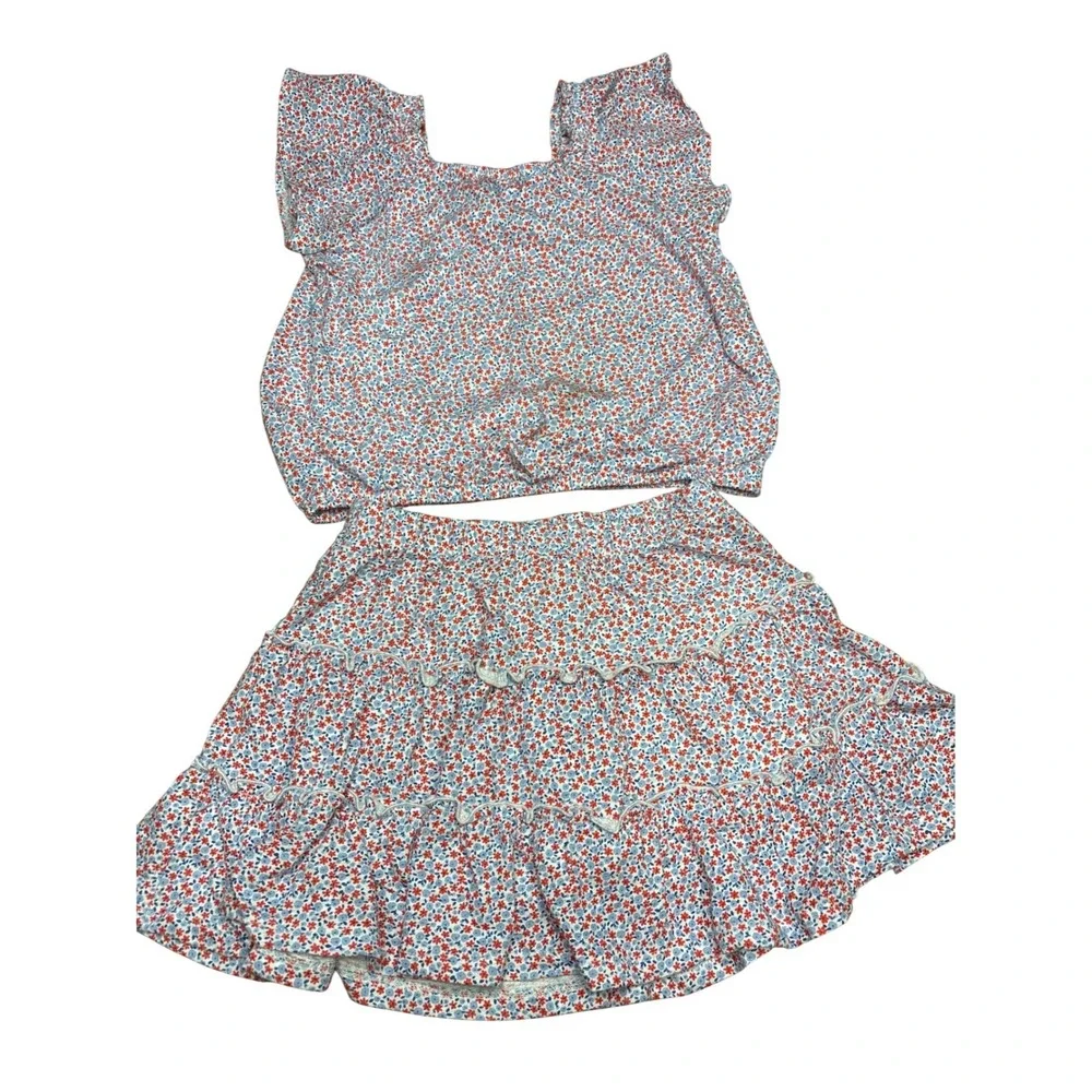 Cat‎ & Jack Girls 2pc Floral Crop Top and Tiered Skort Set Red Blue Size M 8